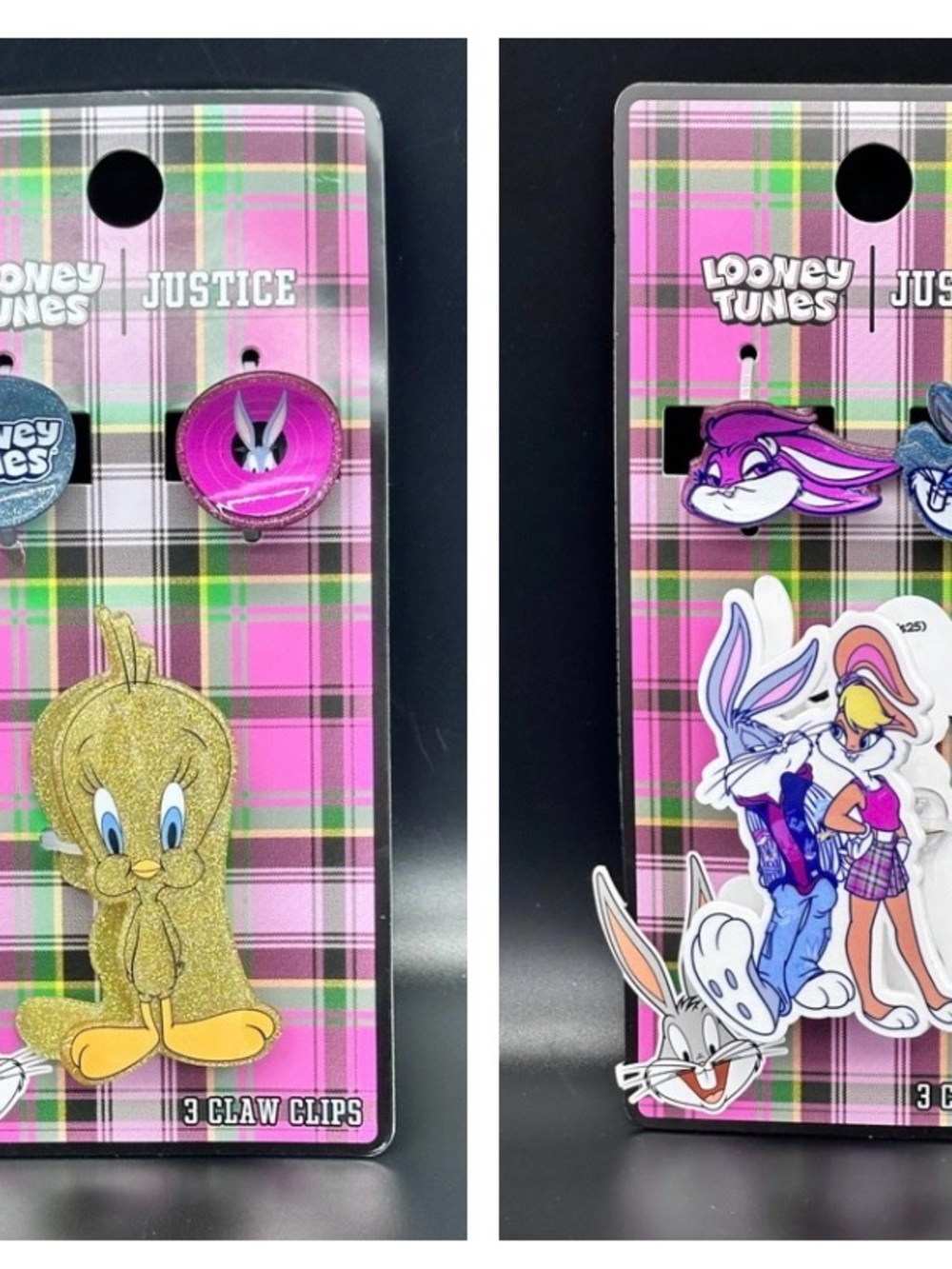 Justice Looney Tunes Plaid Hair Clip Set in Pink, Gold, Purple